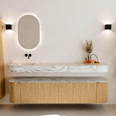 MONDIAZ THOR-DLUX Meuble de salle de bains 190cm arrondi gauche + droite couleur Oak avec 2 tiroirs et 2 portes. Vasque suspendue CLOUD Gauche sans trou de robinet couleur Glace.