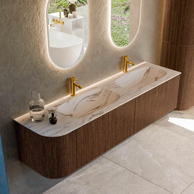 MONDIAZ KURVE-DLUX 175cm badmeubel ronding Links kleur Walnut met 2 lades en 1 deur. Wastafel STOR SMALL Dubbel / Rechts 2 kraangaten Nata.