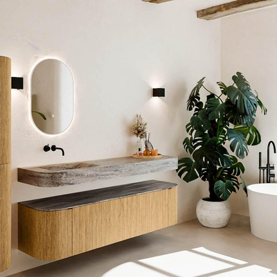 MONDIAZ THOR-DLUX 170cm meuble de salle de bains arrondi gauche + droite couleur Chêne avec 1 tiroir et 2 portes. Vasque suspendue CLOUD Gauche sans trou de robinet couleur Oza.