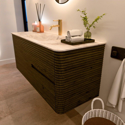 Mondiaz CIRO-DLUX Meuble de salle de bains - 120x45x50cm - Plan vasque solid surface Frappe - 1 lavabo Central - 1 trou de robinet - 2 tiroirs - Shadow