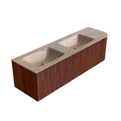 MONDIAZ KURVE-DLUX Meuble de salle de bains 155cm arrondi à droite couleur Ruby avec 2 tiroirs et 1 porte. Lavabo LEAF Double / Gauche 2 trous de robinet Saba.