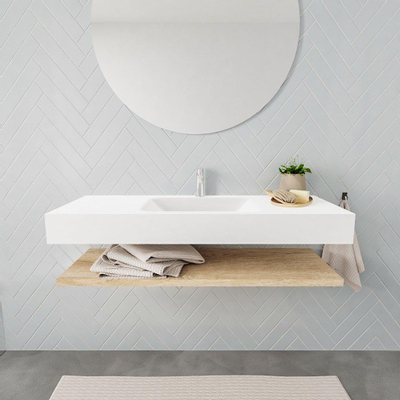 MONDIAZ ALAN 120cm - Ensemble meuble de salle de bains - tablette - chêne blanchi - lavabo suspendu - vasque centrale - 1 trou de robinet - talc