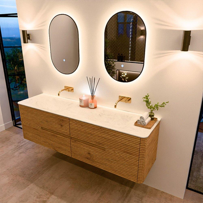 Mondiaz CIRO-DLUX Meuble de salle de bains - 170x45x50cm - plan-vasque solid surface Opalo - 2 bacs Double - sans perçage pour robinetterie - 4 tiroirs - Chêne