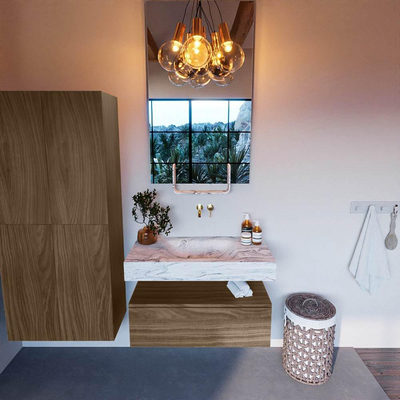 Mondiaz ALAN-DLUX Badkamermeubelset - 90cm - 1 lade - vrijhangende wastafel CLOUD - Glace - midden - zonder kraangat - Mocha