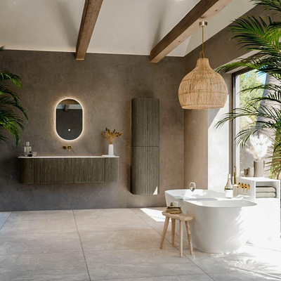 Ensemble de meuble de salle de bain Mondiaz KURVE-DLUX - 160x46x40cm - 1 tiroir - 2 portes - lavabo en solid surface - milieu - sans trou de robinet - Shadow