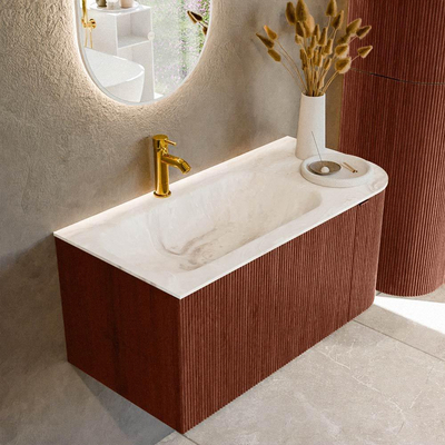Mondiaz KURVE-DLUX Ensemble meuble de salle de bains - 95x46x40cm - 1 tiroir - 1 porte - lavabo solid surface - gauche - 1 trou de robinet - Ruby
