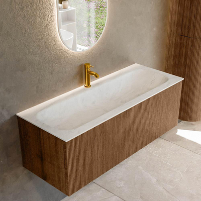 MONDIAZ KURVE-DLUX 120cm Meuble salle de bain - couleur Walnut - 1 tiroir - vasque BIG LARGE centre - 1 trou de robinet - couleur Opalo