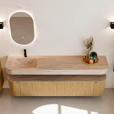 MONDIAZ THOR-DLUX 200cm meuble de salle de bains arrondi gauche + droite couleur Oak avec 2 tiroirs et 2 portes. Vasque suspendue CLOUD Gauche 1 trou de robinet couleur Saba.