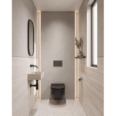 QeramiQ Dely Ensemble WC - réservoir encastré Qeramiq Flush - abattant slim - plaque de commande en pierre naturelle marbre foncé - boutons ronds - noir mat