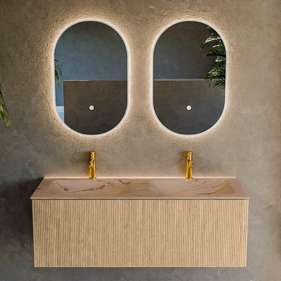 MONDIAZ KURVE-DLUX 120cm badmeubel kleur Oak met 1 lade en 0 deuren. Wastafel LEAF Dubbel 2 kraangaten Arena.