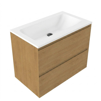 Saniclass Holz Pure Ensemble meuble de salle de bains - 80x45x77.5cm - lavabo Torino en solid surface blanc - sans trou de robinetterie - 2 tiroirs - chêne natural mat (bois)