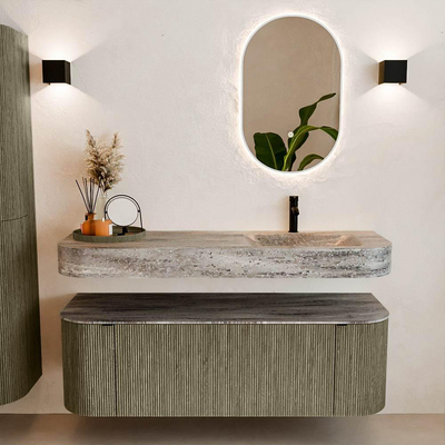 MONDIAZ THOR-DLUX 140cm meuble de salle de bains arrondi gauche + droite couleur Shadow avec 1 tiroir et 2 portes. Vasque suspendue CLOUD Droite 1 trou de robinet couleur Oza.