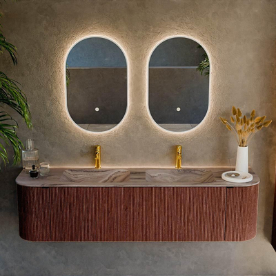 MONDIAZ KURVE-DLUX 170cm badmeubel ronding Links + Rechts kleur Ruby met 1 lade en 2 deuren. Wastafel LEAF Dubbel 2 kraangaten Sombra.