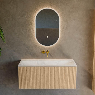 MONDIAZ KURVE-DLUX Meuble de salle de bains 100 cm couleur Oak avec 1 tiroir. Vasque BIG MEDIUM centrée sans trou de robinet couleur Ostra.