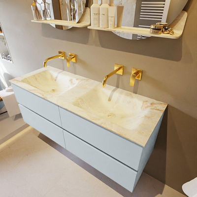 Mondiaz VICA-DLUX ensemble de meuble de salle de bain - 130cm - meuble sous-vasque argile - 4 tiroirs - lavabo encastré nuage double - sans trous de robinet - version haute de 60cm - frape