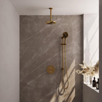 BRAUER Gold Carving thermostatische Inbouw Regendouche - 3-weg - rond - set 95 - 20cm hoofddouche - plafondarm - 3-standen handdouche - doucheslang - geïntegreerde glijstang - goud geborsteld PVD
