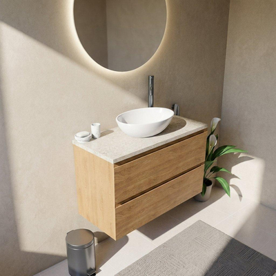 Saniclass Holz Pure Ensemble meuble de salle de bains - 100x45x63cm - Plan de travail en pierre naturelle travertin - 1 trou de robinetterie - 2 tiroirs - chêne natural mat (bois)