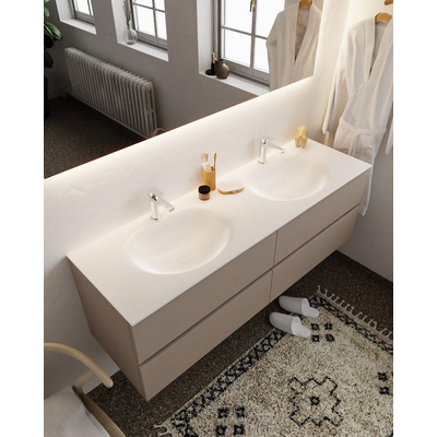 Mondiaz VICA Ensemble de meuble de salle de bain - 150cm - meuble sous-vasque fumée - 4 tiroirs - lavabo lune double - 2 trous de robinet - version XL 60cm haut