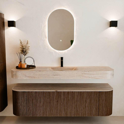 MONDIAZ THOR-DLUX 160cm meuble de salle de bains arrondi gauche + droite couleur Walnut avec 1 tiroir et 2 portes. Vasque suspendue CLOUD Milieu 1 trou de robinet couleur Saba.