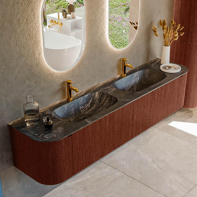 Mondiaz KURVE-DLUX Badkamermeubelset - 200x46x40cm - 2 lade - 2 deuren - wastafel solid surface - dubbel - 2 kraangaten - Ruby
