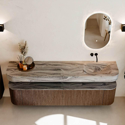 MONDIAZ THOR-DLUX 200cm badmeubel ronding links + rechts kleur Walnut met 2 lades en 2 deuren. Vrijhangende wastafel CLOUD Rechts zonder kraangat kleur Sombra.