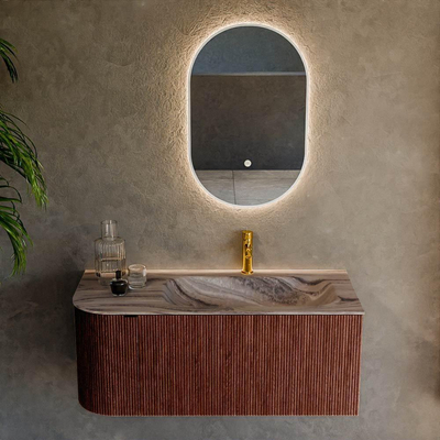 MONDIAZ KURVE-DLUX Meuble de salle de bains 105cm arrondi à gauche couleur Ruby avec 1 tiroir et 1 porte. Lavabo BIG SMALL à droite 1 trou de robinet Sombra.