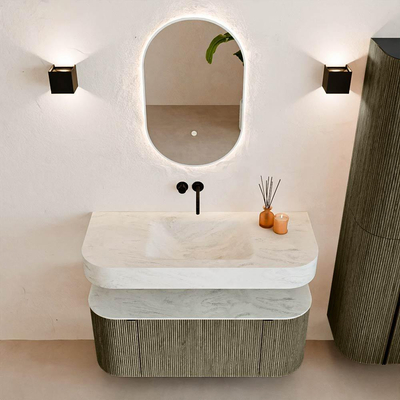 MONDIAZ THOR-DLUX 110cm meuble de salle de bains arrondi gauche + droite couleur Shadow avec 1 tiroir et 2 portes. Vasque suspendue CLOUD Milieu sans trou de robinet couleur Opalo.