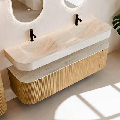 MONDIAZ THOR-DLUX 160cm meuble de salle de bains arrondi gauche + droite couleur Oak avec 1 tiroir et 2 portes. Vasque suspendue CLOUD Double 2 trous de robinet couleur Meli.