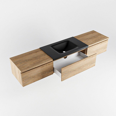 MONDIAZ BUKLA 200cm badmeubel met module 60 kleur Washed Oak met 3 lades. Wastafel CLOUD midden 0 kraangaten kleur Urban.