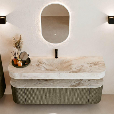 MONDIAZ THOR-DLUX 160cm meuble de salle de bains arrondi gauche + droite couleur Shadow avec 1 tiroir et 2 portes. Vasque suspendue CLOUD Milieu 1 trou de robinet couleur Frappe.