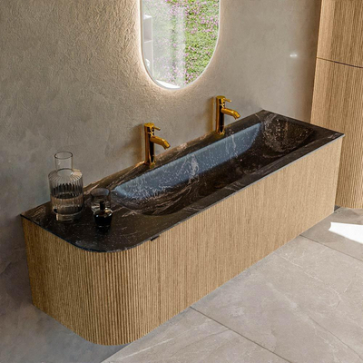 MONDIAZ KURVE-DLUX 145cm badmeubel met module 25 L kleur Oak met 1 lade en 1 deur. Wastafel BIG LARGE rechts 2 kraangaten kleur Lava.