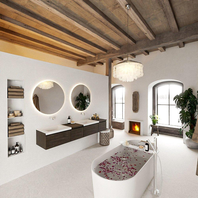 MONDIAZ BUKLA 200cm ensemble de meuble avec module 40 gauche couleur Marron Foncé avec 4 tiroirs. Lavabo CLOUD double 0 trou de robinet couleur Talc.