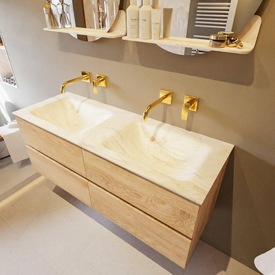 Mondiaz VICA-DLUX ensemble de meuble de salle de bain - 130cm - meuble sous-vasque chêne blanchi - 4 tiroirs - lavabo encastré cloud double - sans trous de robinet - miroir modèle spot - version XL 60cm de haut - ostra