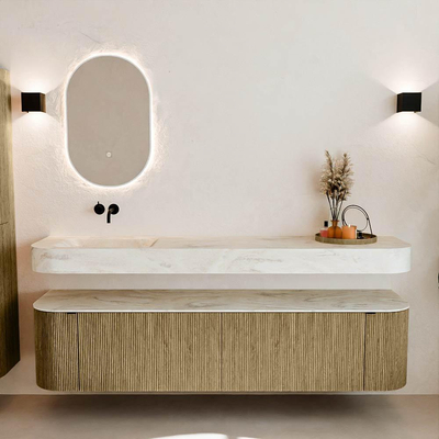 MONDIAZ THOR-DLUX Meuble de salle de bains - 190cm - arrondi gauche + droite - couleur Dusk - 2 tiroirs - 2 portes - Vasque suspendue CLOUD Gauche sans trou de robinet - couleur Ostra