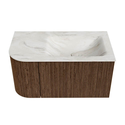 MONDIAZ KURVE-DLUX 85cm Meuble salle de bain avec module 25 G - couleur Walnut - 1 tiroir - 1 porte - vasque CLOUD droite - 1 trou de robinet - couleur Ostra