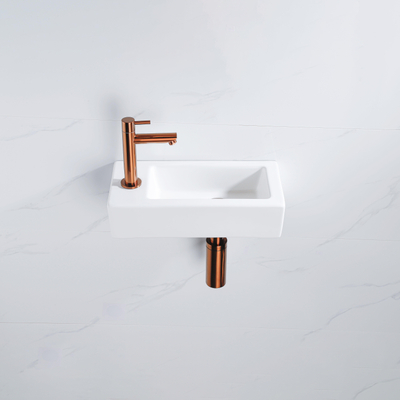 FugaFlow Efficiente Pietra Ensemble de fontaine - 37,5x18,5x9cm - céramique - trou de robinet à gauche - robinet de fontaine en cuivre brossé - bouchon de vidange - siphon abaissé - Blanc mat