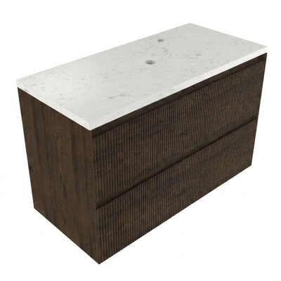 Saniclass Holz Atelier Ensemble de meubles de salle de bains - 100x45x63cm - Plan vasque en marbre Dia poli (blanc) - 1 trou de robinet - 2 tiroirs - chêne charcoal mat (bois)