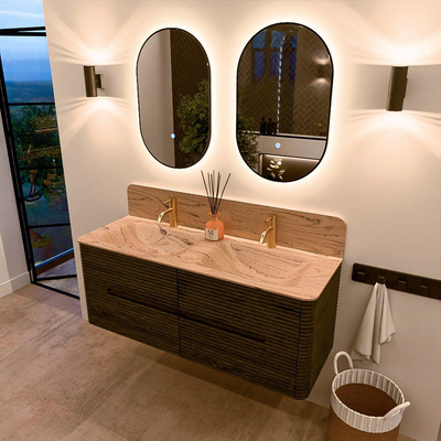 Mondiaz CIRO-DLUX Meuble de salle de bains - 130x45x50cm - Plan vasque solid surface Arena - 2 vasques double - 2 trous de robinetterie - 4 tiroirs - Shadow