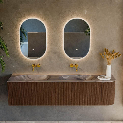 MONDIAZ KURVE-DLUX Meuble de salle de bains 175cm arrondi à droite couleur Walnut avec 2 tiroirs et 1 porte. Lavabo STOR SMALL Double / Gauche sans trou de robinet Sombra.