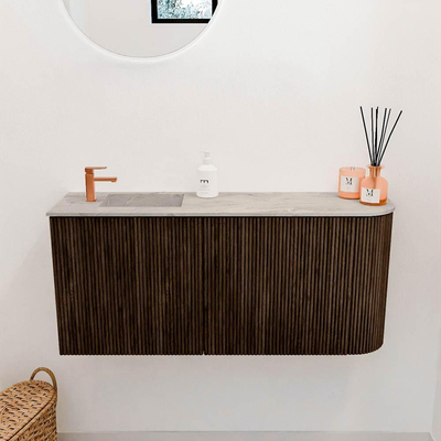 Mondiaz JOYA-DLUX 91.6cm toiletmeubel - ronding rechts kleur Walnut - Wastafel FAYE positie Links 1 kraangat kleur Glace.