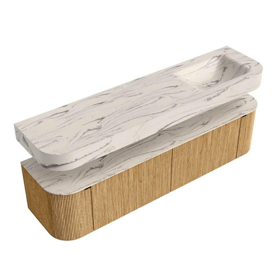 MONDIAZ THOR-DLUX 180cm badmeubel ronding links + rechts kleur Oak met 2 lades en 2 deuren. Vrijhangende wastafel CLOUD Rechts zonder kraangat kleur Nata.