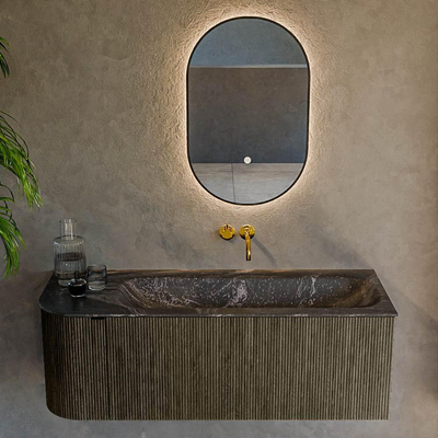 Ensemble de meuble de salle de bain Mondiaz KURVE-DLUX - 125x46x40cm - 1 tiroir - 1 porte - lavabo en solid surface - droite - sans trou de robinet - Shadow