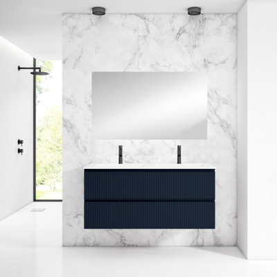 Saniclass Prime Blend Meuble de salle de bain - 120x55x46cm - 2 vasques rectangulaires en céramique blanc - 2 trous de robinet - 2 tiroirs - miroir rectangulaire - mat marine bleu