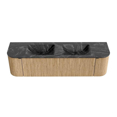 MONDIAZ KURVE-DLUX Meuble de salle de bains 170 cm avec module 25 Len R couleur Chêne avec 1 tiroir et 2 portes. Lavabo LEAF double 2 trous de robinet couleur Lave.