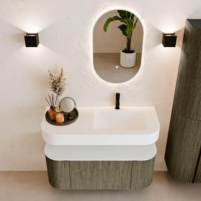 MONDIAZ THOR Meuble de salle de bains 110cm arrondi gauche + droite couleur Shadow avec 1 tiroir et 2 portes. Vasque suspendue CLOUD Droite 1 trou de robinet couleur Talc.