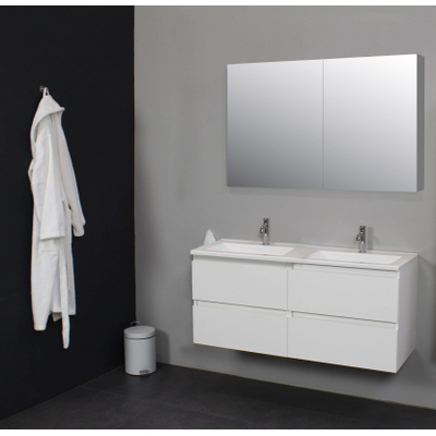 Basic Bella Meuble avec lavabo acrylique 2 trous de robinet 120x55x46cm avec armoire toilette à 2 portes gris Blanc brillant