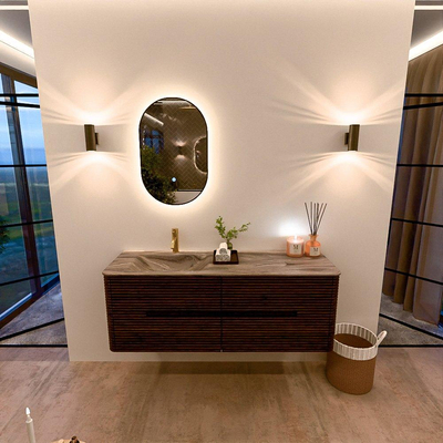Mondiaz CIRO-DLUX Badkamermeubelset - 140x45x50cm - Solid surface wastafel Sombra - 1 wasbak Links - 1 kraangat - 4 lades - Walnut