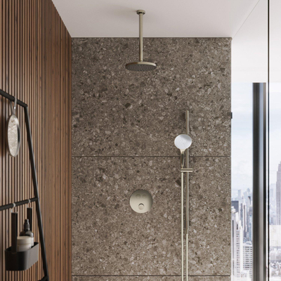 Hotbath Cobber IBS22 Ensemble de douche de tête encastré - bras mural 35 cm - douche de tête ronde 20 cm - douchette barre - nickel brossé
