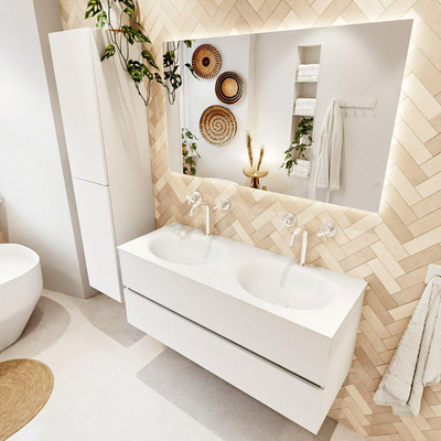 MONDIAZ VICA 120cm meuble sous lavabo Talc 2 tiroirs. Lavabo MOON double 2 trous de robinet, couleur Talc.