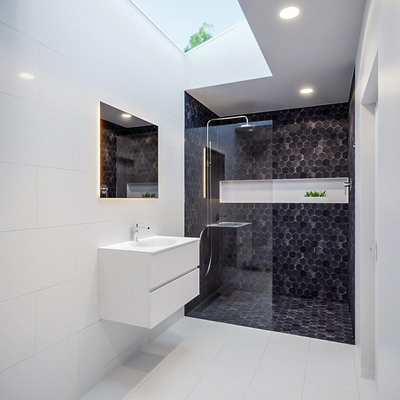 MONDIAZ VICA Ensemble de meuble salle de bain - 80cm - 2 tiroirs - lavabo Moon central - 1 trou de robinet - solid surface talc